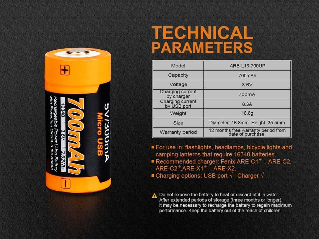 Fenix ARB-L16 700UP USB rechargeable Li-ION 16340 Battery