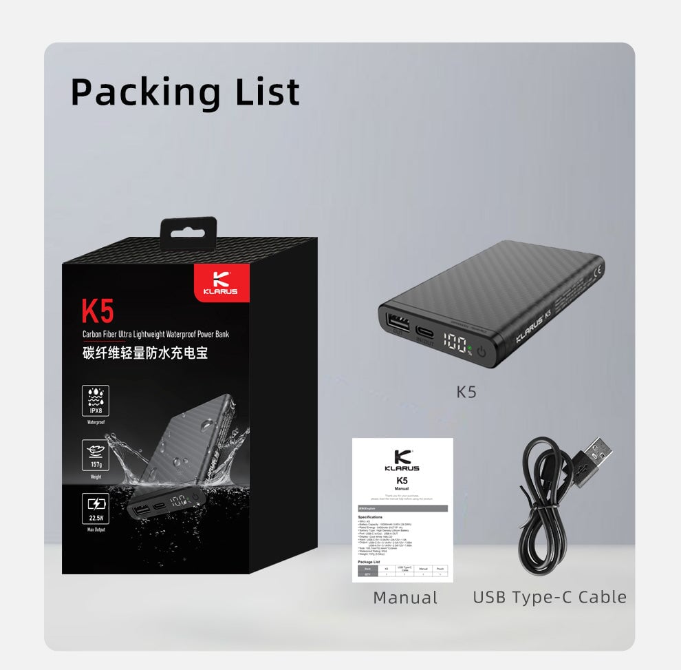 Klarus Full Carbon Fiber Lightweight Waterproof Powerbank K5