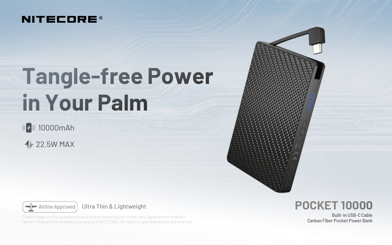 “Nitecore 10,000mAh pocket power bank with built-in charging cable – Compact fast-charge portable battery”