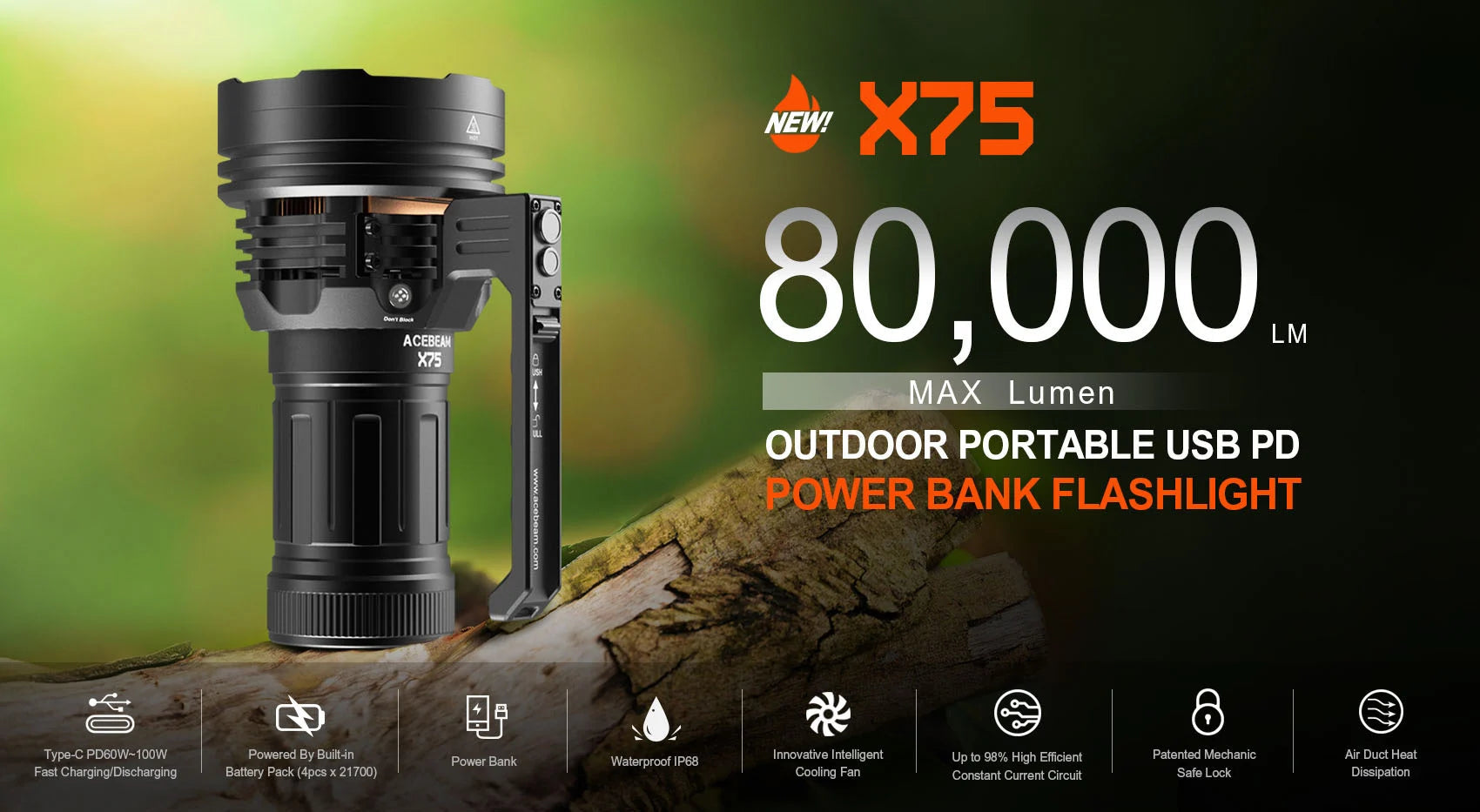 Acebeam X75 Brightest 80 000 Lumens Power Bank Flashlight