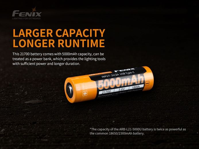 Fenix ARB-L21-5000U Li-ion Rechargeable 21700 Battery with USB-C Charging Port