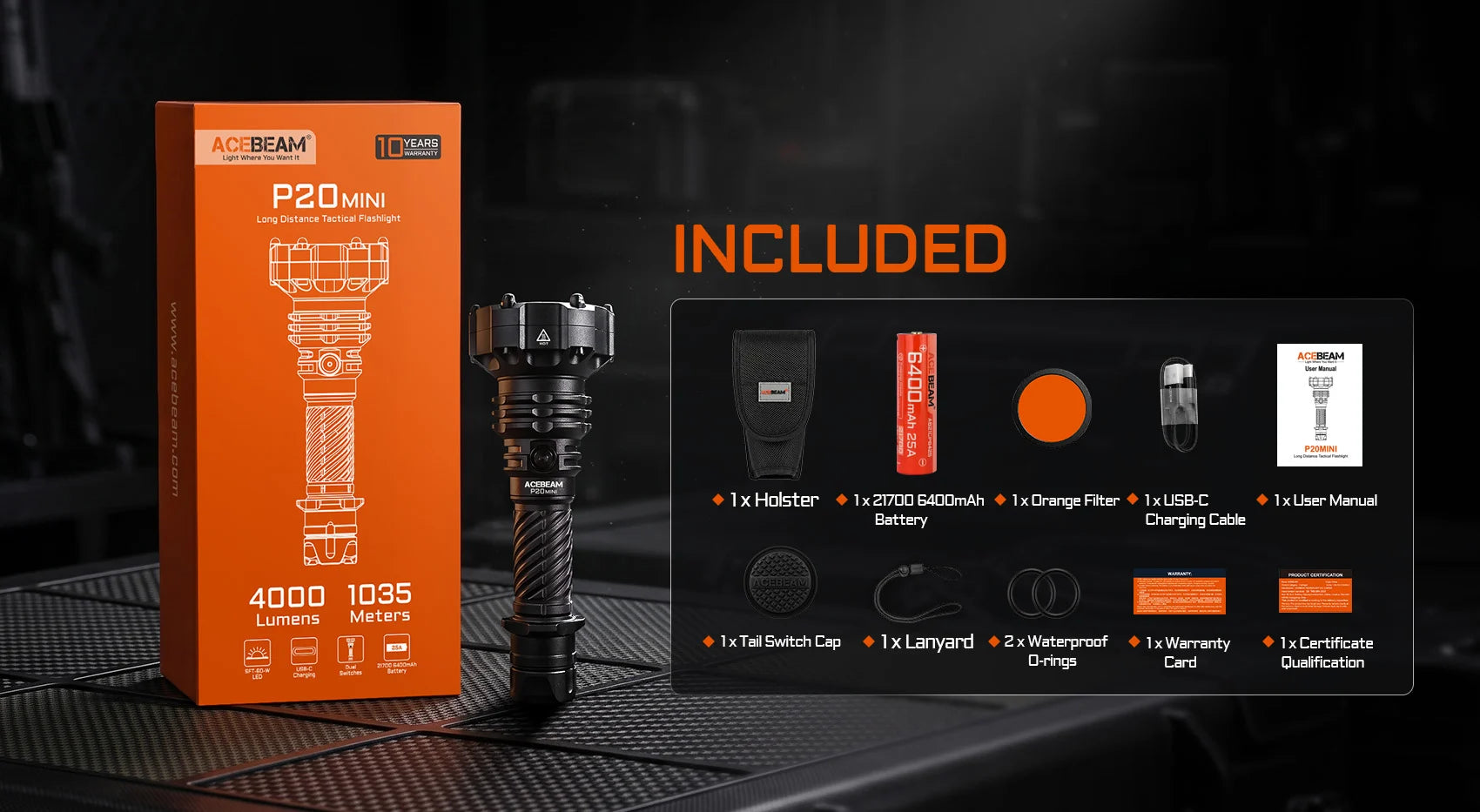 Acebeam P20 Mini – 4,000 Lumen Long-Distance Tactical Flashlight | 1,035m Throw - Options