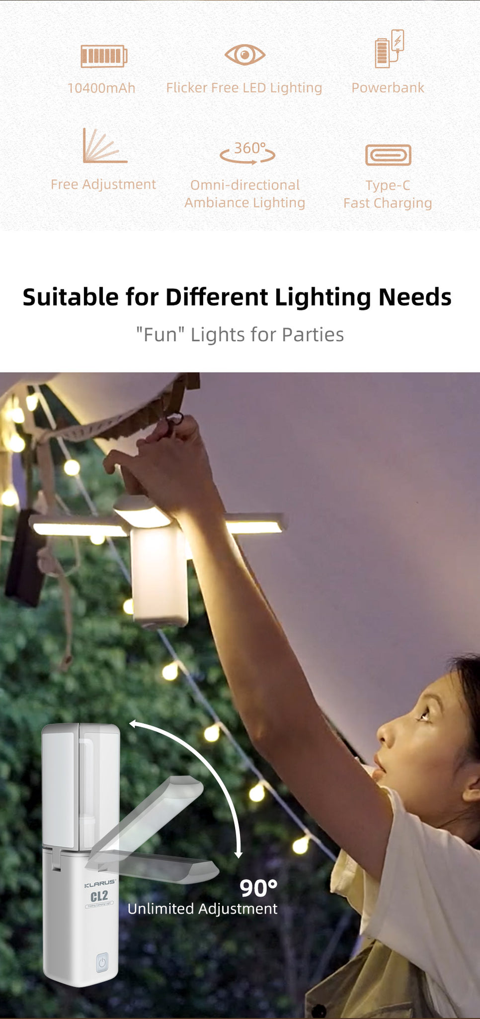 “Klarus CL2 multifunctional outdoor lantern – Rechargeable portable camping light with options”