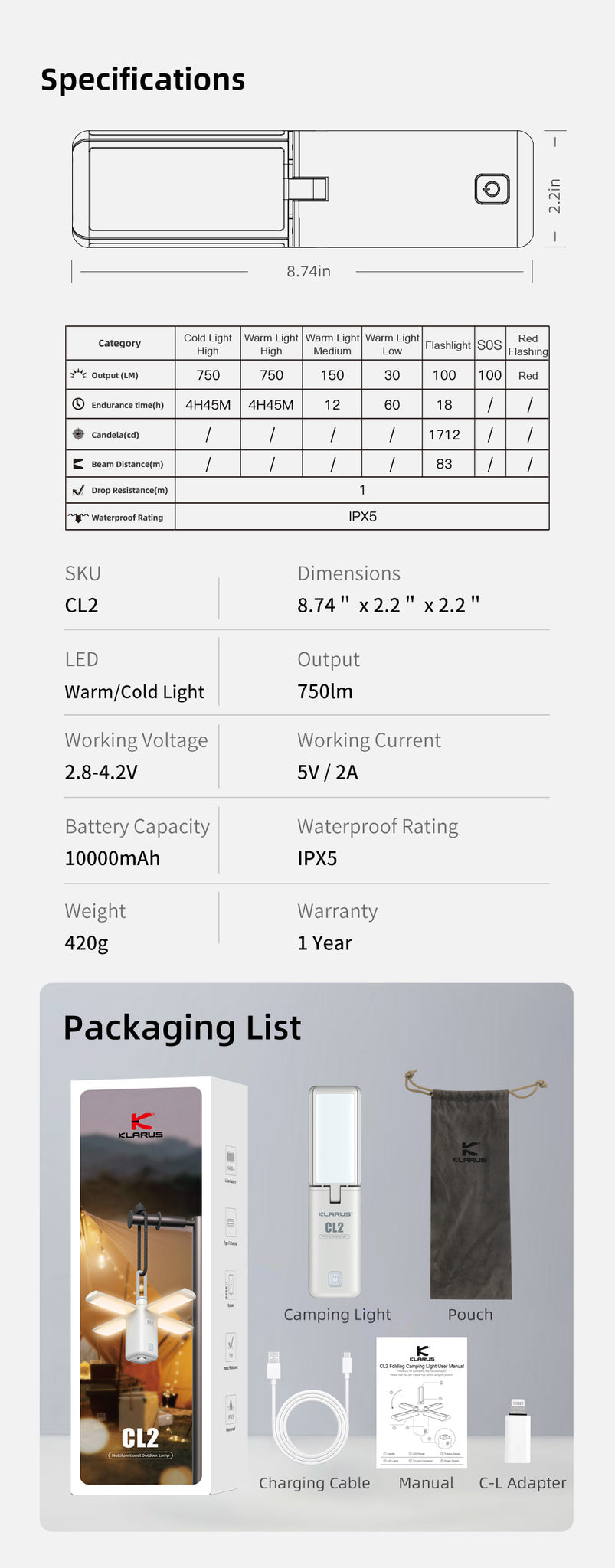 “Klarus CL2 multifunctional outdoor lantern – Rechargeable portable camping light with options”