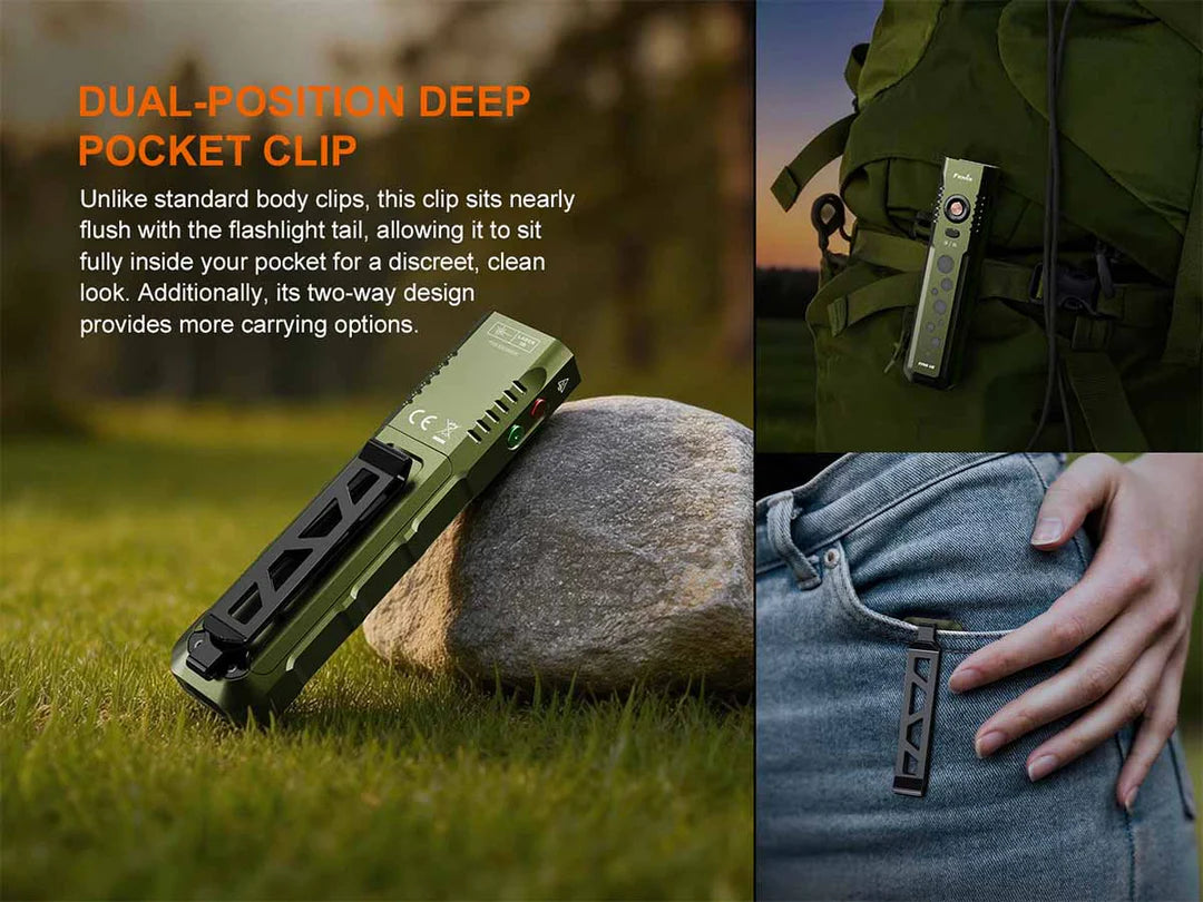 Fenix E08R UE – Flat EDC Flashlight with Green Laser, Body Lights &amp; Digital Dice - Options
