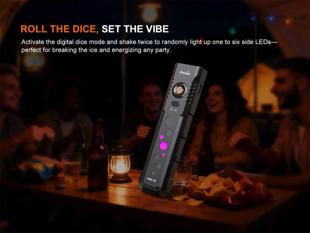 Fenix E08R UE – Flat EDC Flashlight with Green Laser, Body Lights &amp; Digital Dice - Options