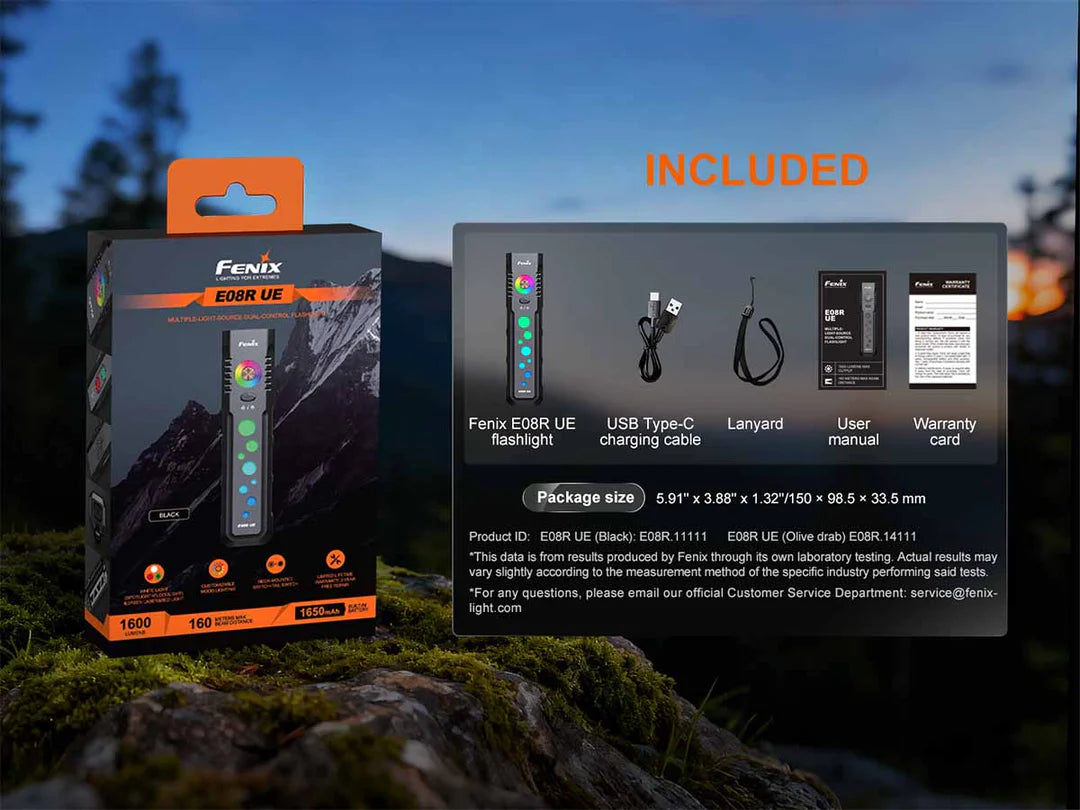 Fenix E08R UE – Flat EDC Flashlight with Green Laser, Body Lights &amp; Digital Dice - Options