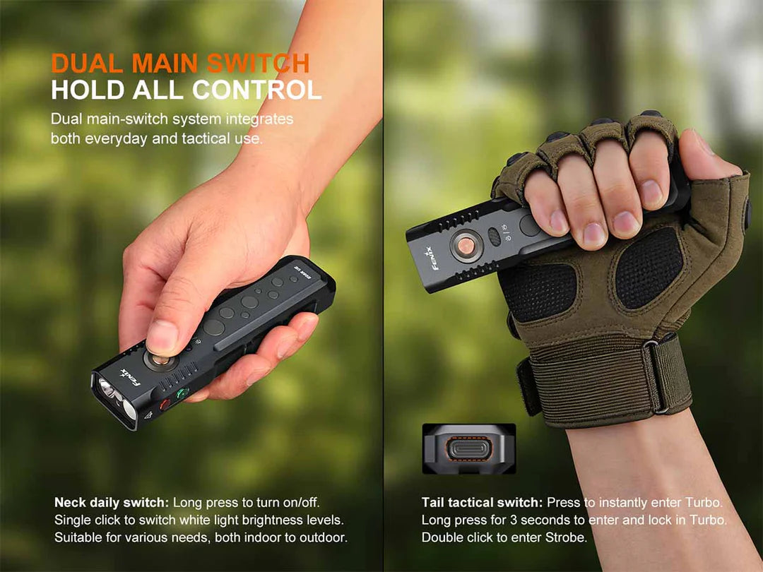 Fenix E08R UE – Flat EDC Flashlight with Green Laser, Body Lights &amp; Digital Dice - Options