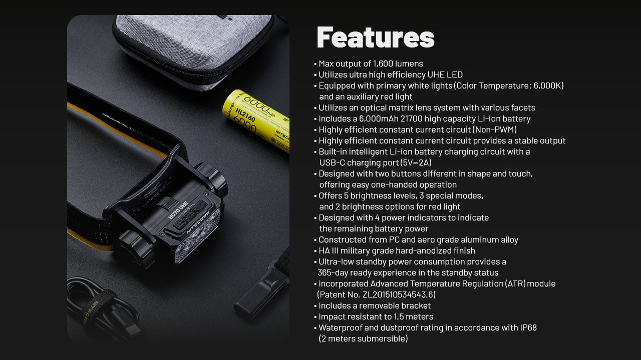 Nitecore HC70 UHE 1600 Lumen Rechargeable Headlamp with Extra Long Runtime
