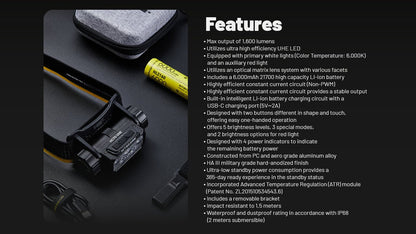 Nitecore HC70 UHE 1600 Lumen Rechargeable Headlamp with Extra Long Runtime