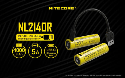 Nitecore NL2140R 21700 4000 mAh rechargeable Battery with USB-C