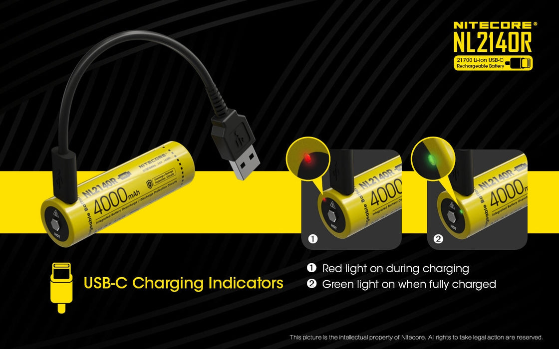 Nitecore NL2140R 21700 4000 mAh rechargeable Battery with USB-C (cable not included) Rechargeable Batteries Nitecore 