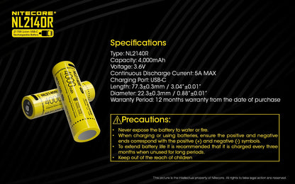 Nitecore NL2140R 21700 4000 mAh rechargeable Battery with USB-C