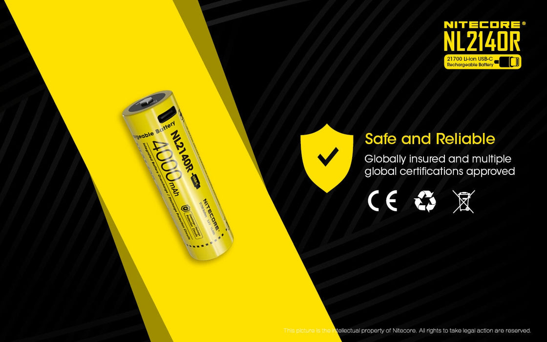 Nitecore NL2140R 21700 4000 mAh rechargeable Battery with USB-C (cable not included) Rechargeable Batteries Nitecore 