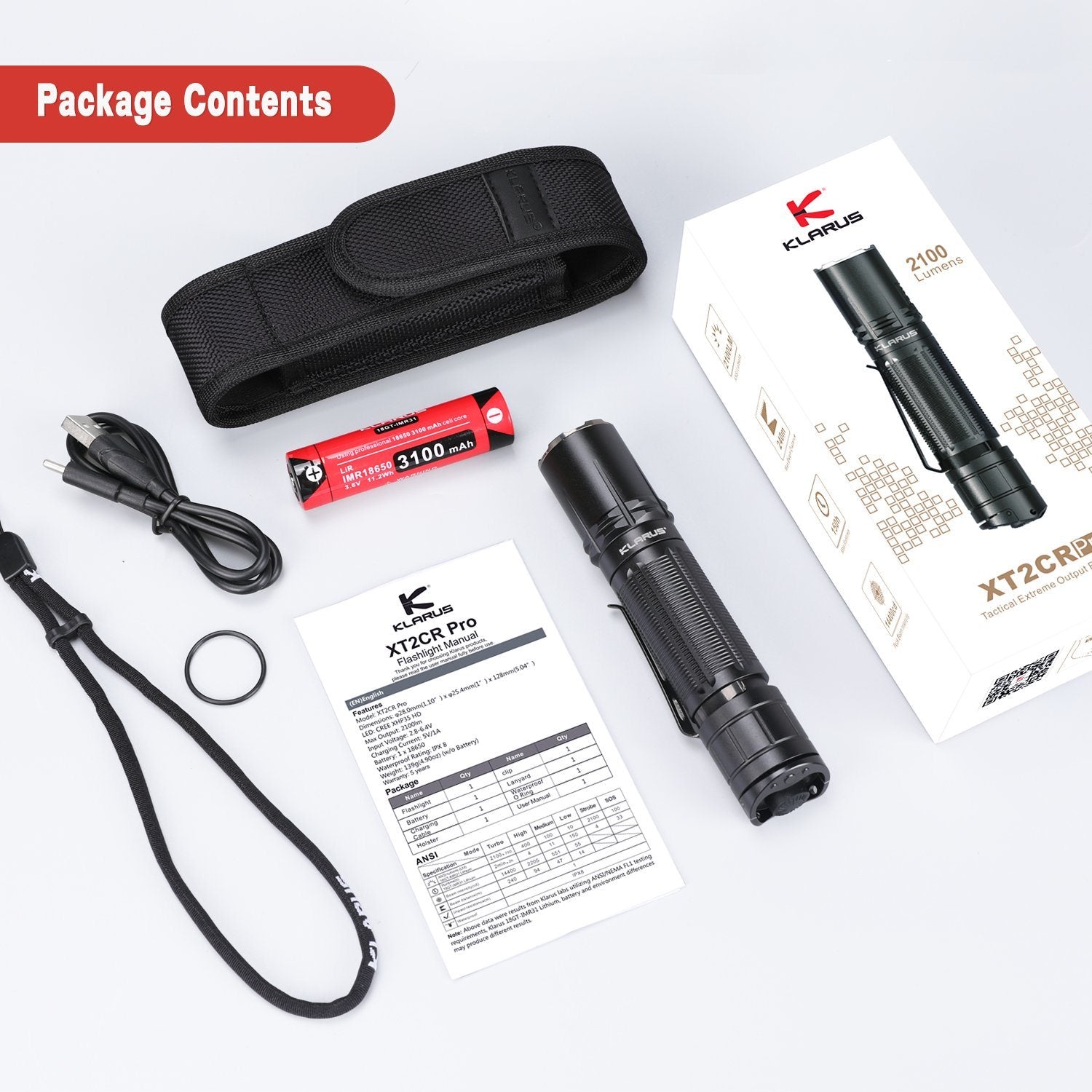 Klarus XT2CR Pro 2100 Lumens USB-C Rechargeable Tactical LED Flashlight