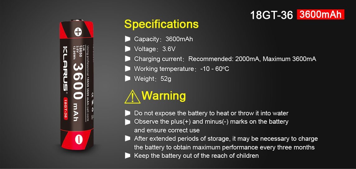 Klarus 18GT-36 3600mAh 18650 Battery