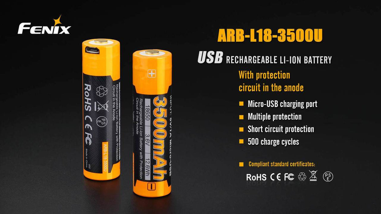 Fenix ARB-L18-3500U 18650 3500mAh 3.6V Protected Lithium Ion (Li-ion) Button Top Battery with Micro USB Charging Port Rechargeable Batteries Fenix 