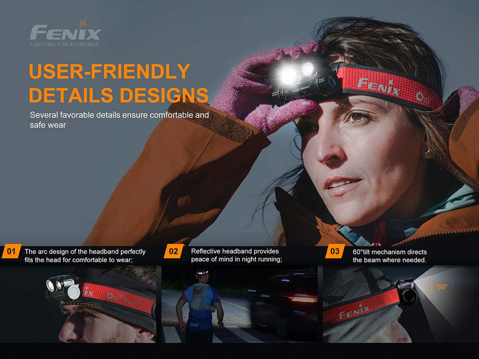 Fenix HM65R-T Trail Running Rechargeable Headlamp user-friendly details designs