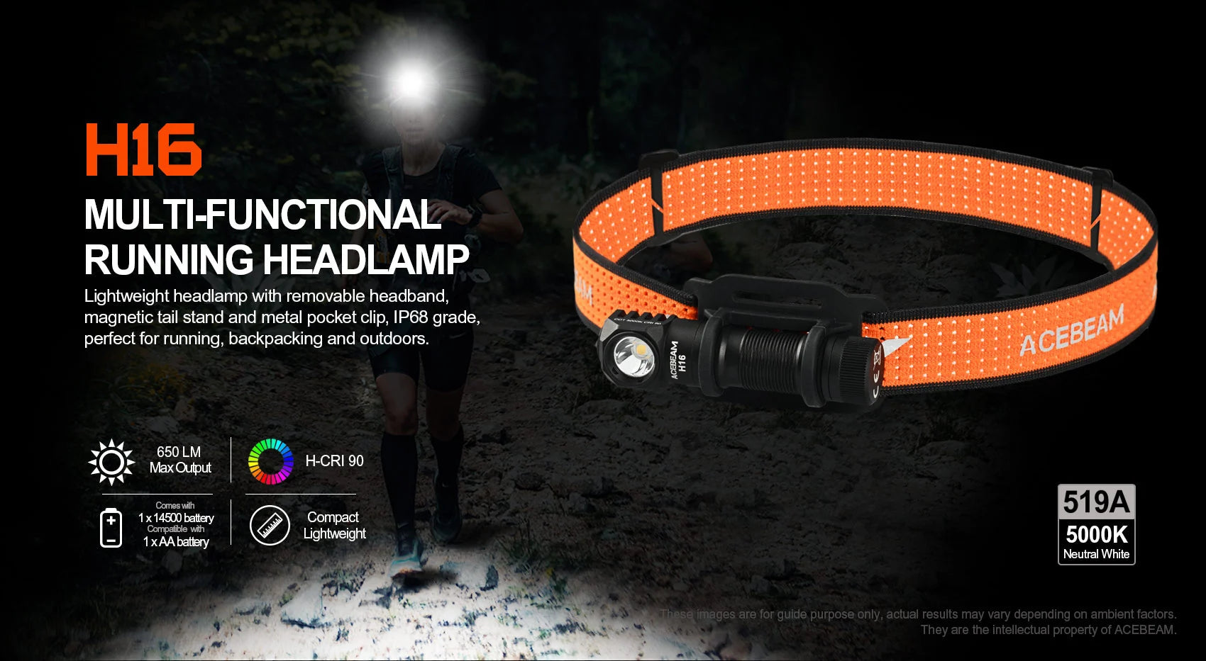 Acebeam H16 Lightweight Running/Fishing Headlamp - 650 Lumens