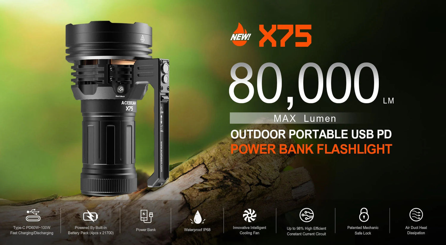 Acebeam X75 Brightest 80 000 Lumens Power Bank Flashlight