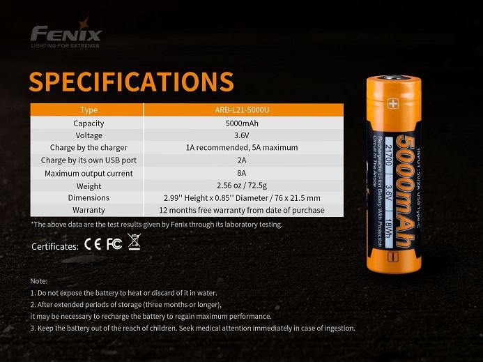 Fenix ARB-L21-5000U Li-ion Rechargeable 21700 Battery with USB-C Charging Port