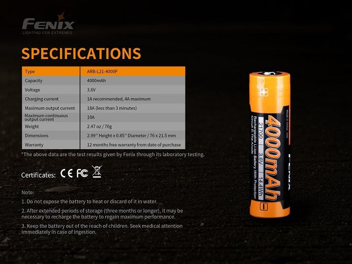 Fenix ARB-L21 4000P - High Draw rechargeable 21700 battery