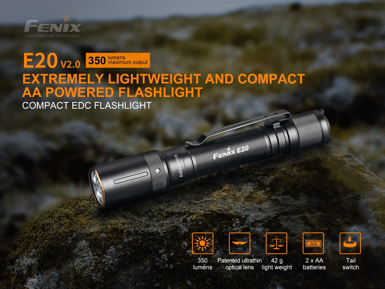 Fenix E20 v2.0 EDC AA Flashlight - 350 lumens