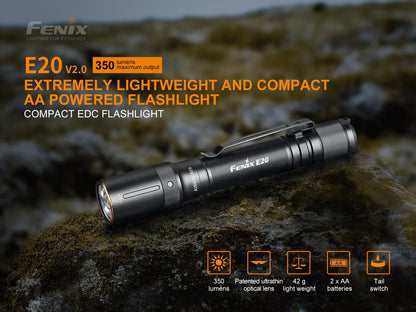 Fenix E20 v2.0 EDC AA Flashlight - 350 lumens
