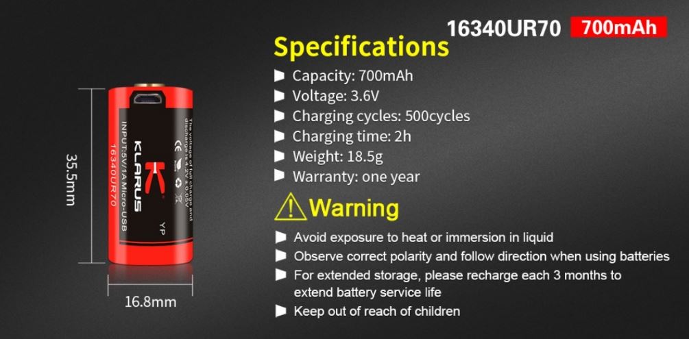 Klarus 16340-700mAh Rechargeable Battery (with USB port) Rechargeable Batteries Klarus 