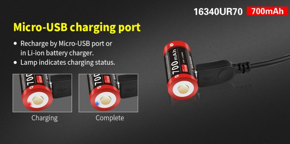 Klarus 16340-700mAh Rechargeable Battery (with USB port) Rechargeable Batteries Klarus 